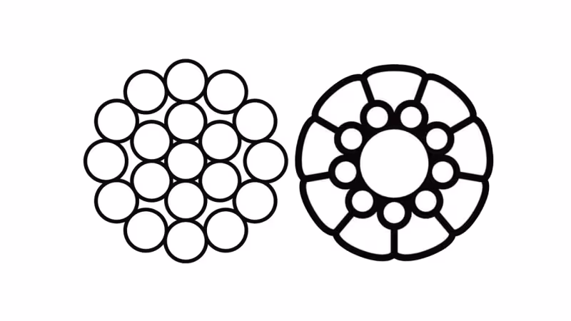 A diamètre égal, un câble Dyform (à droite) présente plus de matière inox et sera donc plus résistant que le Monotoron (à gauche).